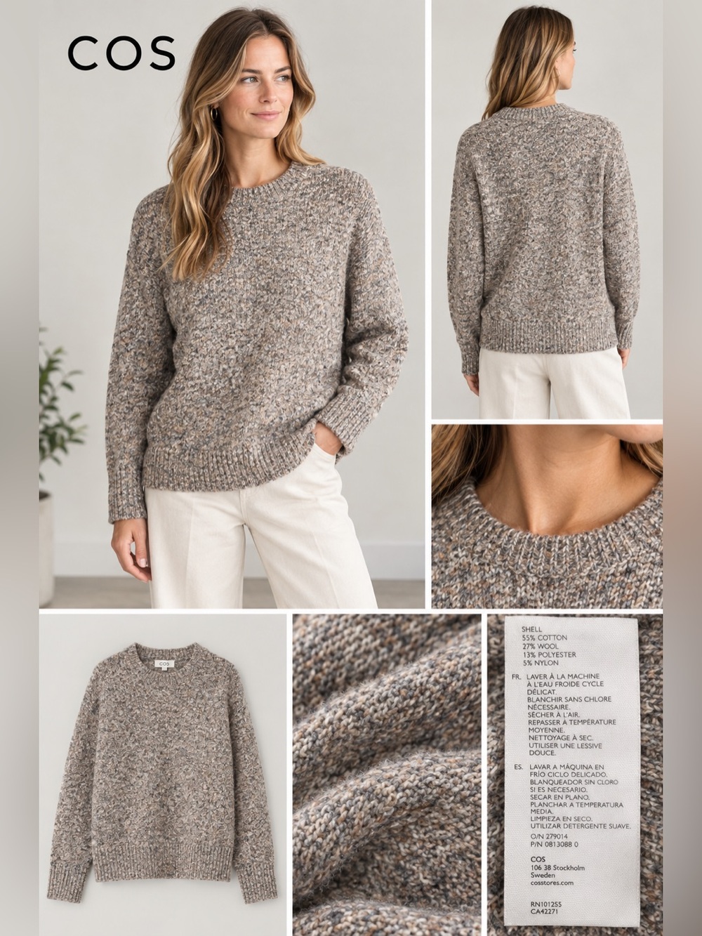 COS Taupe Marled Crewneck Sweater